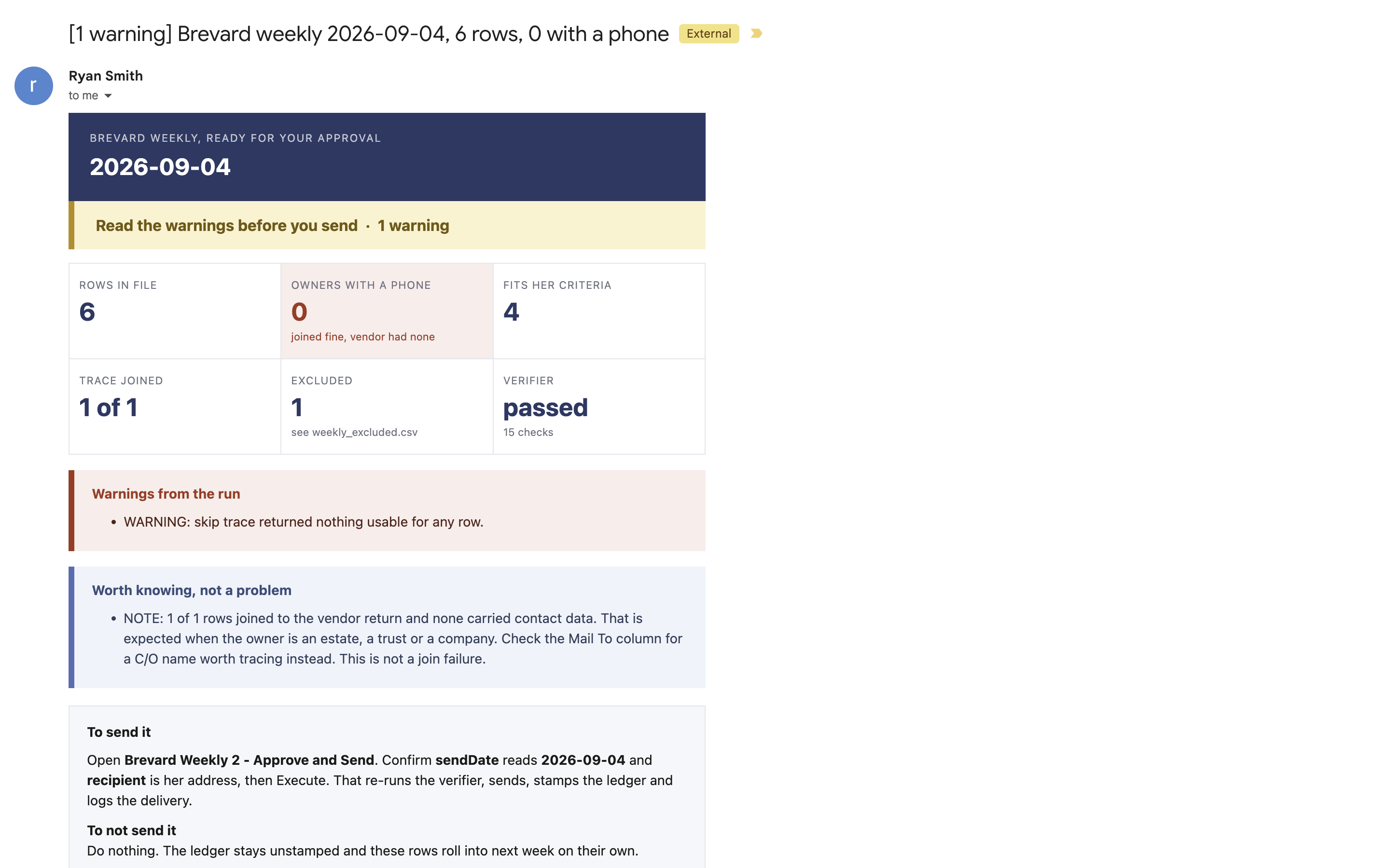 The Thursday approval email for the first delivered file: six tiles, one warning explained as a vendor miss rather than a join failure, and the two choices, send it or do nothing.