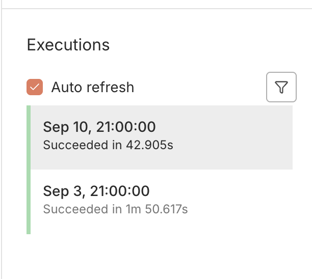 Two Thursday runs at 21:00. The first built a 6-row file in under two minutes; the second found nothing new and finished in 43 seconds.