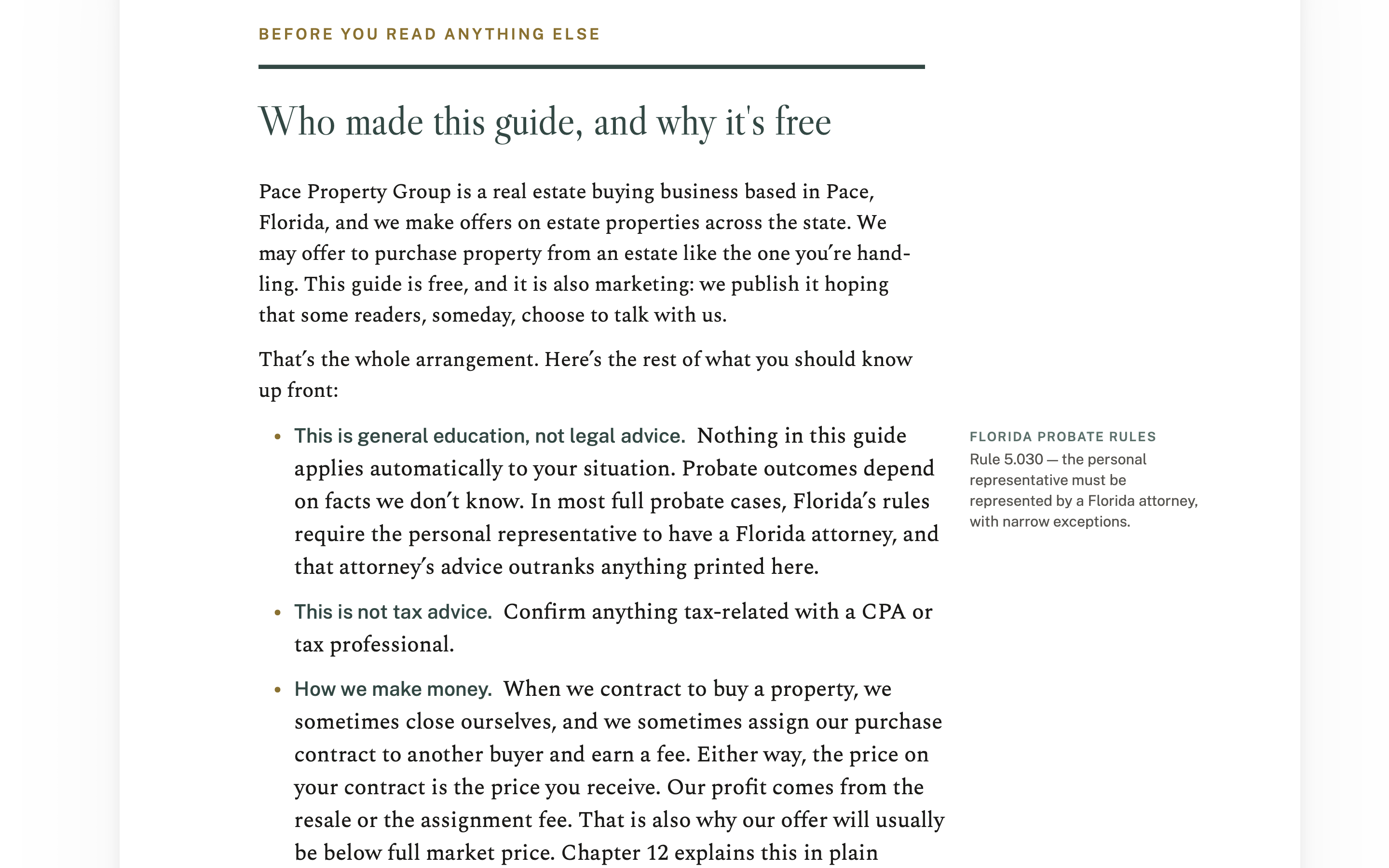 Page 2 of the handbook, before any advice: who wrote it and how they make money, with the statute citation in the margin.
