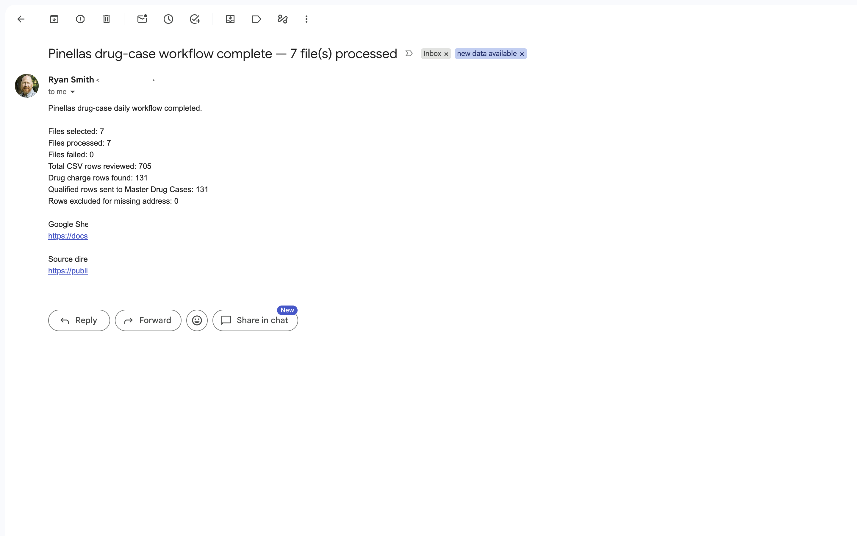 The run summary email: 7 files, 705 rows reviewed, 131 drug charges found and sent to the sheet.